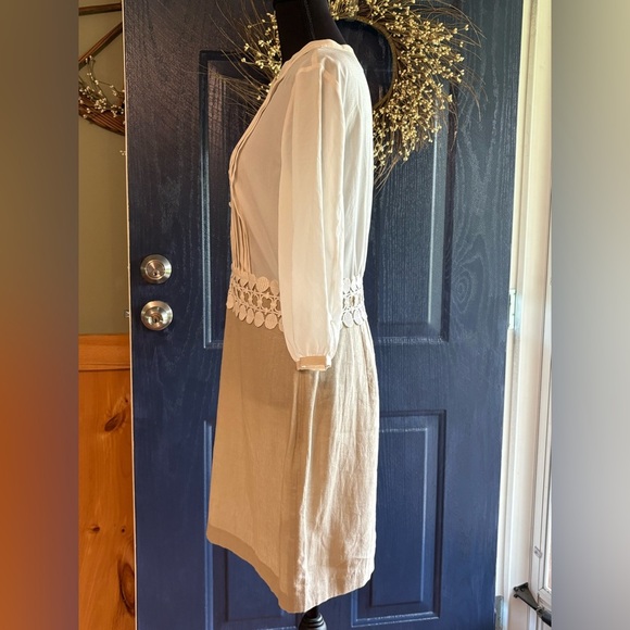 Kensie Linen & Rayon White and Tan Sheath Dress with Pleated Bishop Sleeves NWT - Picture 2 of 12